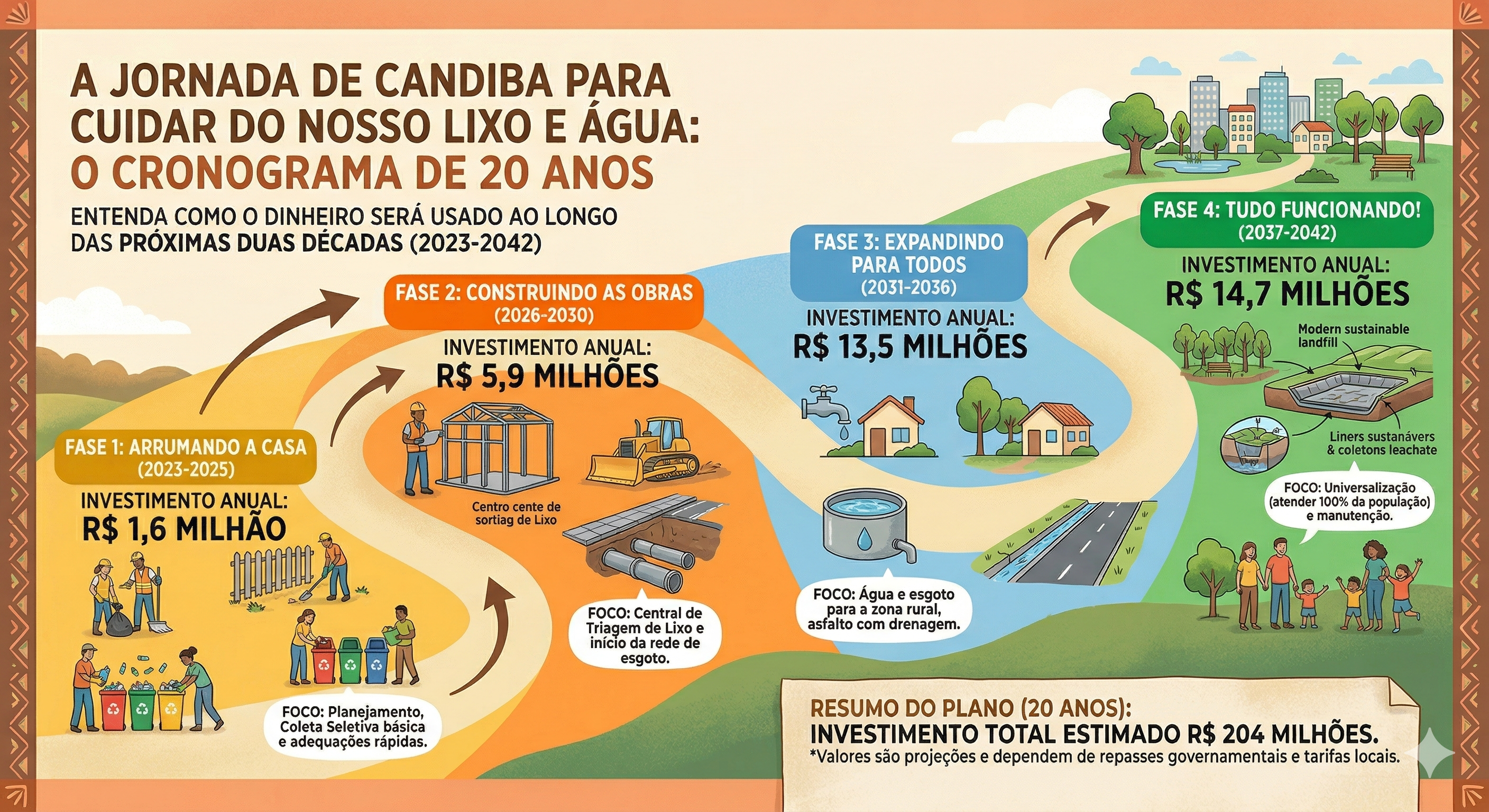 A Jornada de Candiba para Cuidar do Nosso Lixo e Água — Cronograma de 20 anos com investimento total estimado de R$ 204 milhões